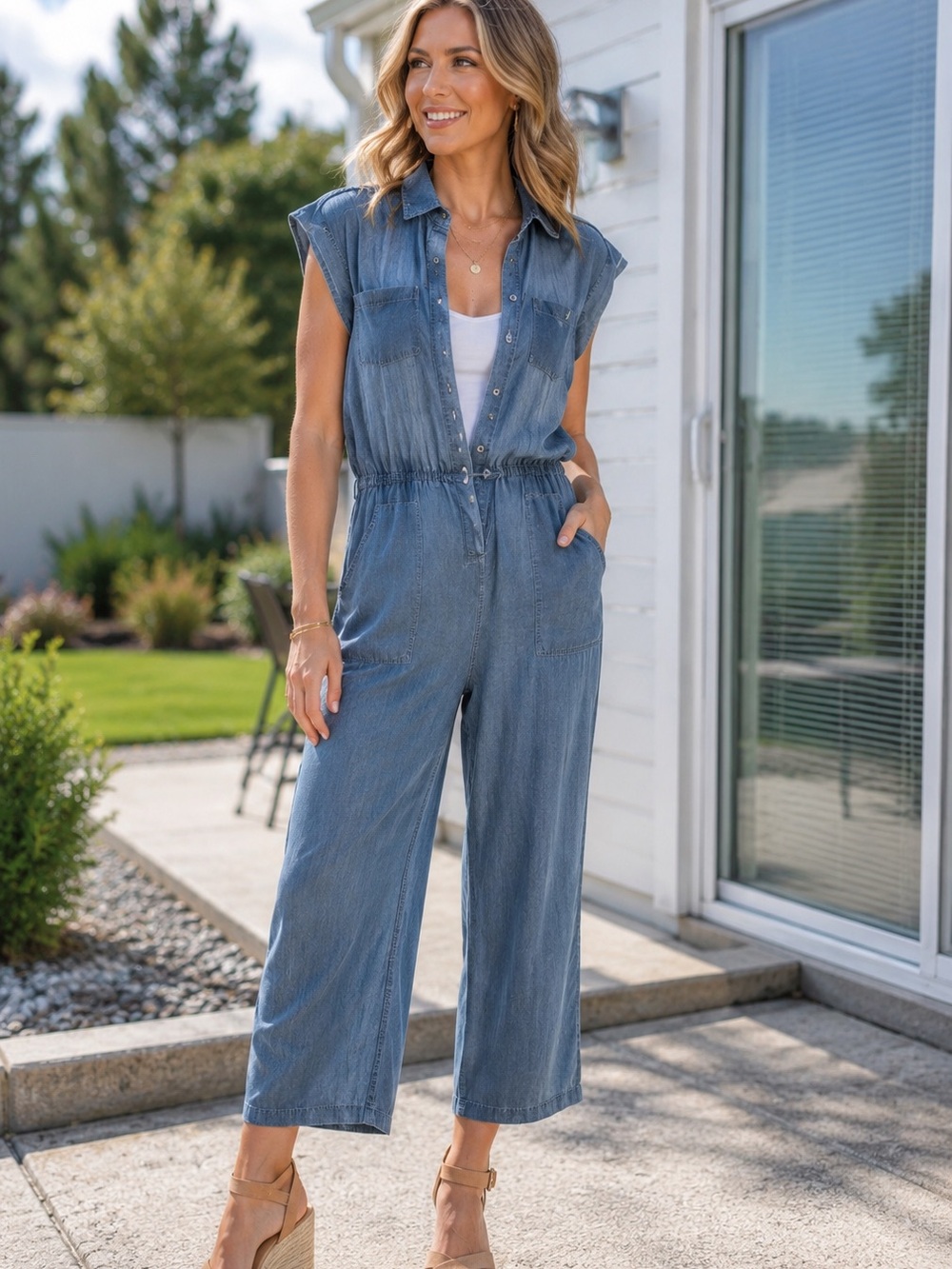 Spense Soft Denim Button-Front cropped  jumpsuit in Washed Blue